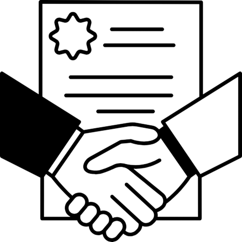 握手と契約書のイラスト。「夢のマイホームへ最初の一歩を！」というメッセージで、住宅ローン契約完了後の希望を表す画像。