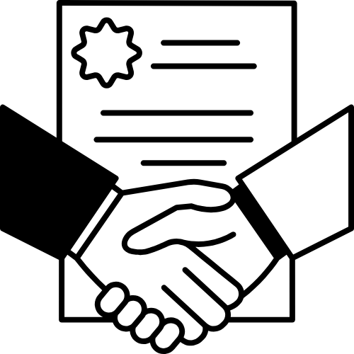 握手と契約書のイラスト。「夢のマイホームへ最初の一歩を！」というメッセージで、住宅ローン契約完了後の希望を表す画像。